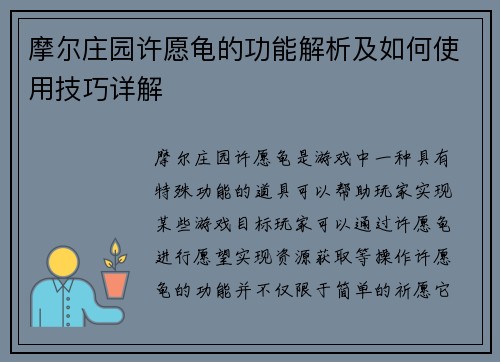 摩尔庄园许愿龟的功能解析及如何使用技巧详解