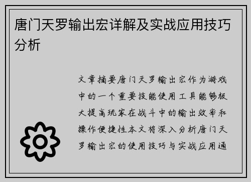 唐门天罗输出宏详解及实战应用技巧分析